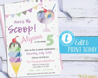 Ice Cream Party Invitation, Ice Cream Birthday Invite Instant Download, Printable Invitation, Kids Ice Cream Party Invite Editable