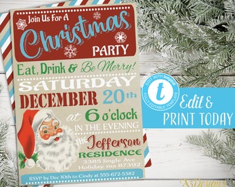 Christmas Invitation Instant Download, Christmas Party Invitation, Printable Rustic Santa Holiday Party Invitation, Digital Download