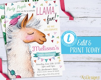 Watercolor Llama Birthday Invitation: Editable Party Invite (Digital Download)