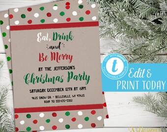 Christmas Party Invitation Instant Download, Christmas Invitation, Printable Rustic Holiday Party Invitation, Digital Download