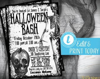Spooky Halloween Party Invitation: Skeleton & Spider (Digital Download)