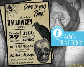 Halloween Invitation Instant Download, Printable Halloween Party Invitation, Vintage Halloween Invitation for Adults, Digital Download