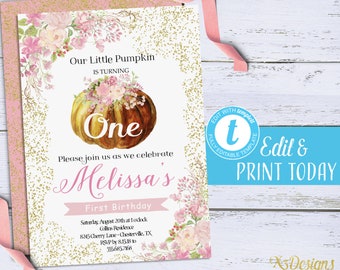 Pumpkin Invitation First Birthday, Our Little Pumpkin Halloween Instant Download, Printable 1st Birthday Invitation