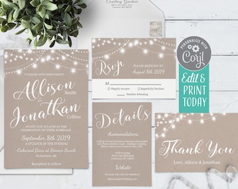 Rustic String Lights Wedding Invitation Template (Digital Download)
