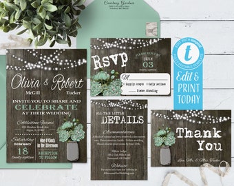 Rustic Wedding Invitation Suite Instant Download, Mason Jar Wedding Invite Digital, Printable Country Wedding Invite Editable