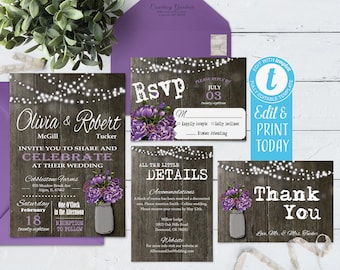 Rustic Wedding Invitation Instant Download, Mason Jar Wedding Invite Digital, Printable Country Wedding Invite Editable