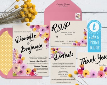 Floral Wedding InvitationTemplate, Wedding Invitation Suite Instant Download, Digital Printable Wedding Invite Editable