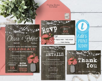 Rustic Mason Jar Wedding Invitation Suite: Peonies & Lights (Digital Download)