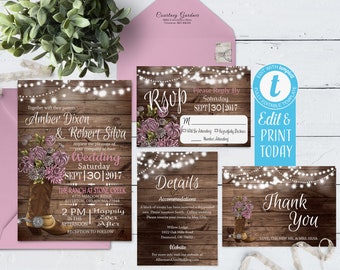Rustic Cowboy Boot Wedding Invitation Suite (Digital Download)