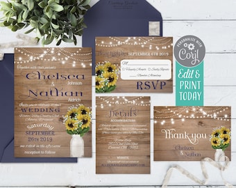 Rustic Wedding Invitation Instant Download, Digital Sunflower Wedding Invitation Template, Printable Mason Jar Country Wedding Invite