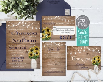 Plantilla de invitación de boda con diseño de girasol: Diseño rústico en tarro de cristal (descarga digital)