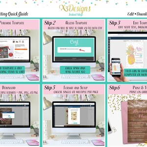 Puede incluir: Una gu&iacute;a de seis pasos para editar e imprimir plantillas digitales. Los pasos incluyen comprar la plantilla, acceder a la plantilla, editar la plantilla, descargar la plantilla, formatear la plantilla e imprimir la plantilla. La gu&iacute;a incluye im&aacute;genes de una pantalla de computadora que muestra los pasos.