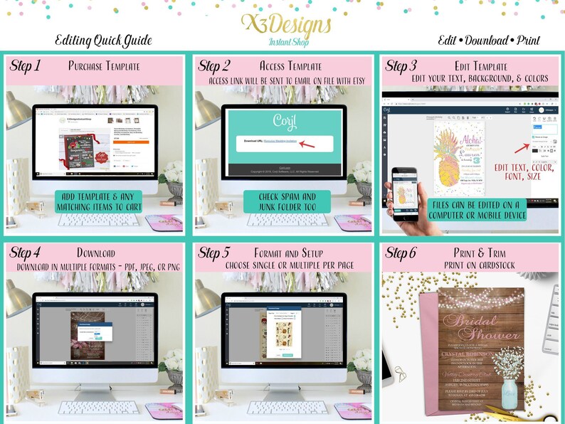 Puede incluir: Una gu&iacute;a de seis pasos para editar e imprimir plantillas digitales. Los pasos incluyen comprar la plantilla, acceder a la plantilla, editar la plantilla, descargar la plantilla, formatear la plantilla e imprimir la plantilla. La gu&iacute;a incluye im&aacute;genes de una pantalla de computadora que muestra los pasos.