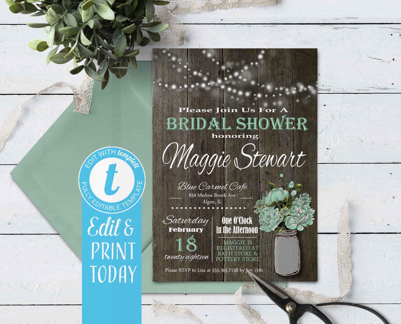 Instant Download Rustic Bridal Shower Invitation, Printable Mint Green ...