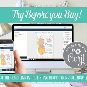 Puede incluir: Una pantalla de ordenador y un tel&eacute;fono inteligente muestran una plantilla de invitaci&oacute;n personalizable con un dise&ntilde;o de pi&ntilde;a. El texto de la invitaci&oacute;n dice "&iexcl;Aloha! Lauren cumple 3 a&ntilde;os". El texto "&iexcl;Prueba antes de comprar!" se muestra encima de la imagen. El texto "PERSONALIZA CON Coryl" se muestra en un c&iacute;rculo con engranajes.
