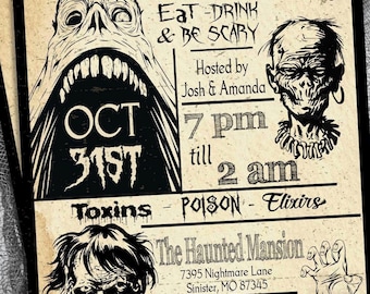 Vintage Zombie Halloween Party Invitation (Digital Download)