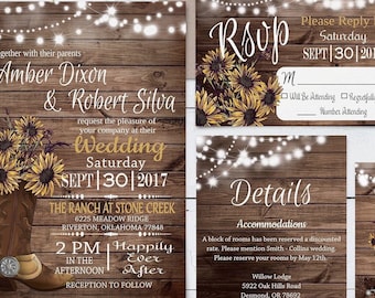 Invitación de boda con diseño de bota vaquera y girasol (descarga digital)