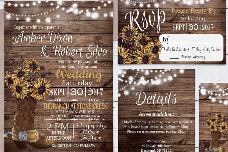 Sunflower Rustic Wedding Invitation Suite Instant Download, Cowboy Boot Wedding Invite Digital, Printable Country Wedding Invite Editable image 1