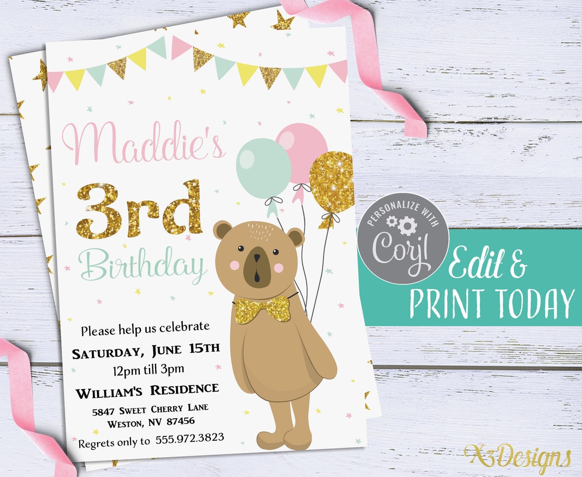Bear Birthday Invitation Instant Download Printable Pink &amp; - Etsy