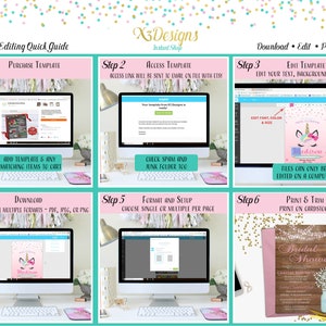 May include: A six-step guide for editing and printing a unicorn-themed printable. The guide includes steps for purchasing the template, accessing the template, editing the template, downloading the template, formatting the template, and printing the template. The guide also includes images of the template and the final printed product.