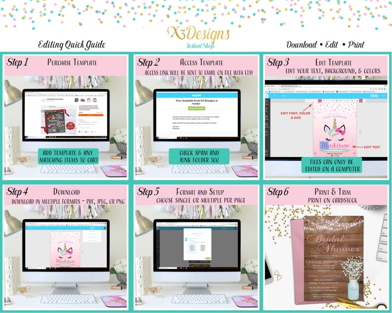 May include: A six-step guide for editing and printing a unicorn-themed printable. The guide includes steps for purchasing the template, accessing the template, editing the template, downloading the template, formatting the template, and printing the template. The guide also includes images of the template and the final printed product.