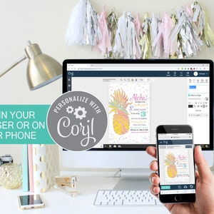 Puede incluir: Una pantalla de ordenador y un tel&eacute;fono inteligente muestran una invitaci&oacute;n colorida con un dise&ntilde;o de pi&ntilde;a. La invitaci&oacute;n dice "&iexcl;Aloha!" y "Lauren cumple 3 a&ntilde;os". El texto "Personalizar con Corjl" est&aacute; en un c&iacute;rculo gris con un icono de engranaje.