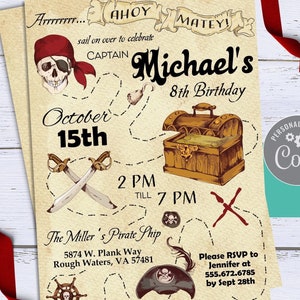 Pirate invitation Instant Download, Pirate Birthday Invitation, Treasure Map, Digital Download, Kids Birthday, Pirate Party Invite Printable