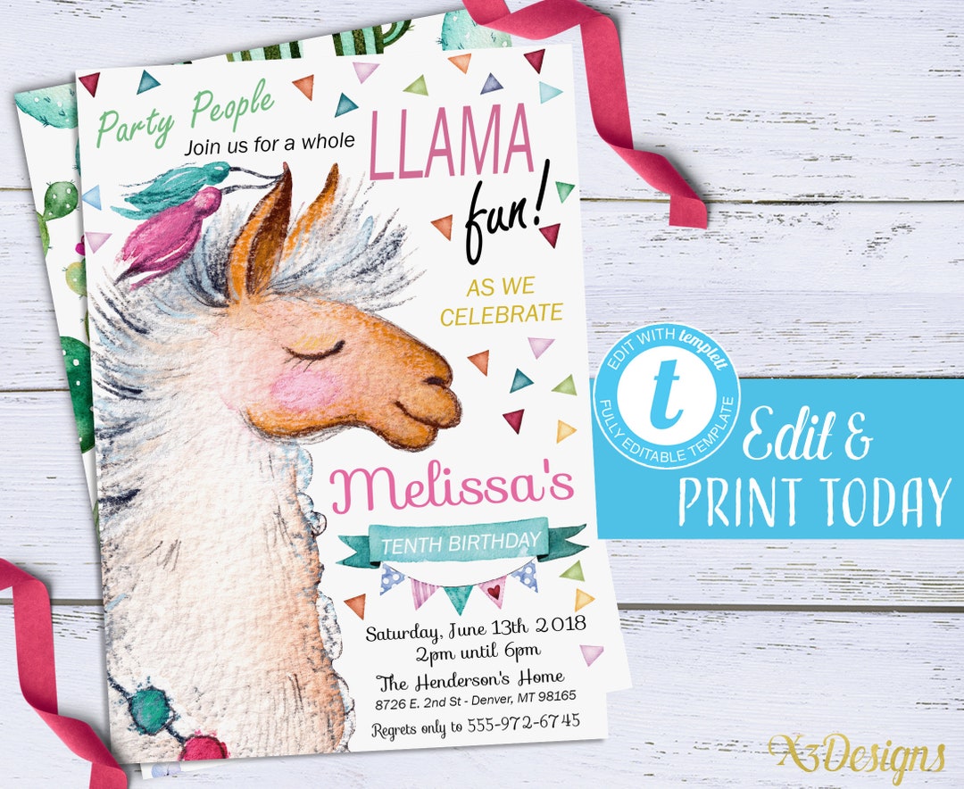 Llama Invitation Instant Download Llama Birthday Invitation - Etsy