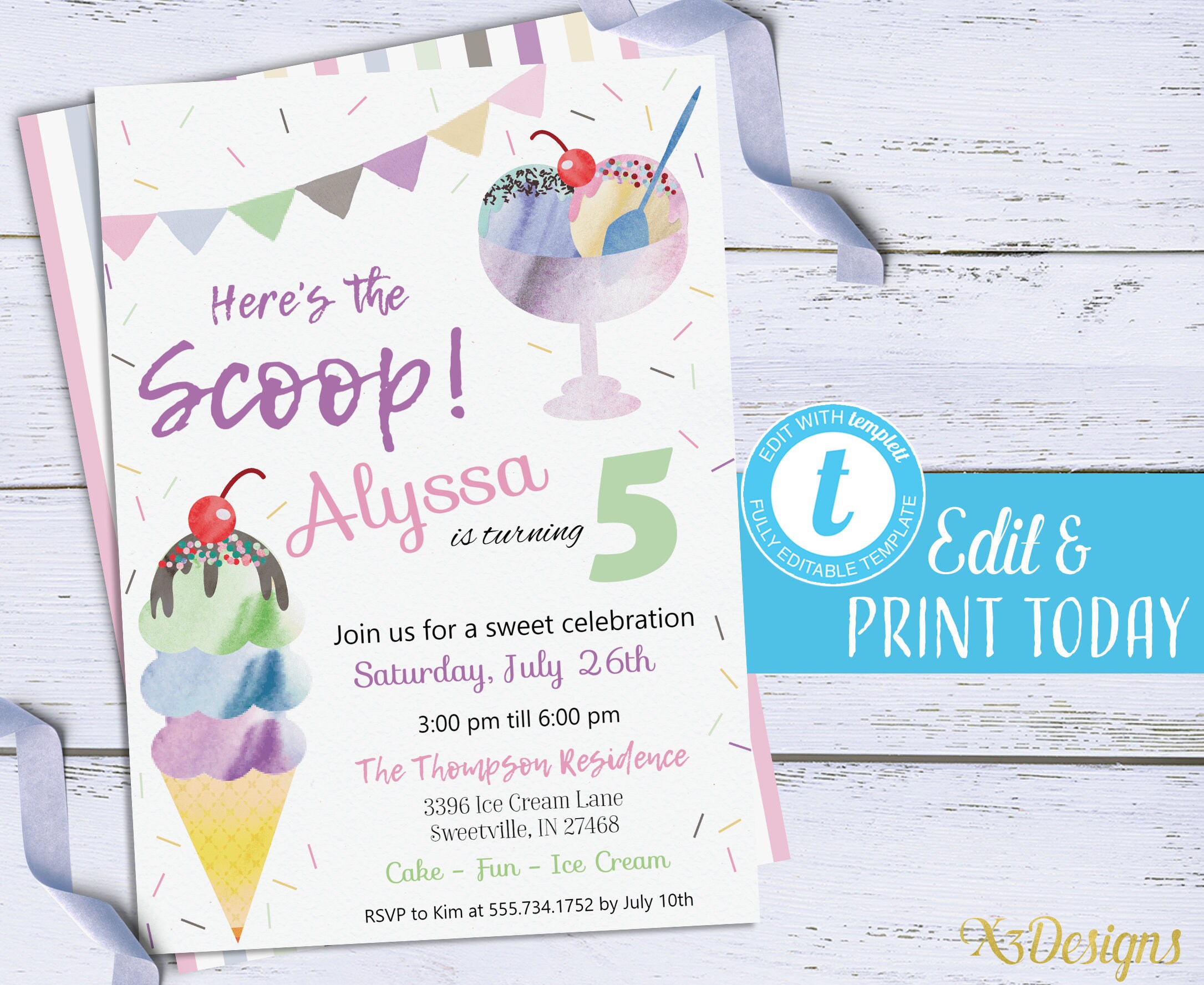 Eis-Party-Einladung, Eis Geburtstag einladen Sofort-Download, druckbare Einladung, Kinder Eis Party einladen bearbeitet werden