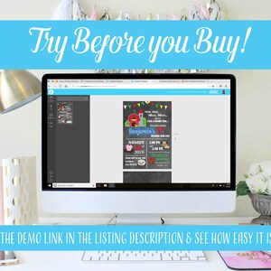 May include: A computer screen displaying a customizable invitation template for a farm-themed party. The template features a chalkboard background with a red barn, farm animals, and the text "You're Invited to a Barnyard Bash". The text "Benjamin's" is also included on the template. The screen is on a desk with a lamp, books, and flowers.