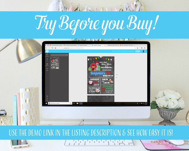 May include: A computer screen displaying a customizable invitation template for a farm-themed party. The template features a chalkboard background with a red barn, farm animals, and the text "You're Invited to a Barnyard Bash". The text "Benjamin's" is also included on the template. The screen is on a desk with a lamp, books, and flowers.