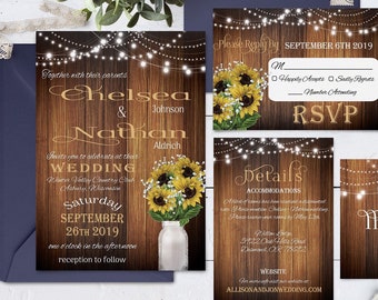 Invitaciones de boda con diseño de girasol: Tarro rústico (descarga digital)