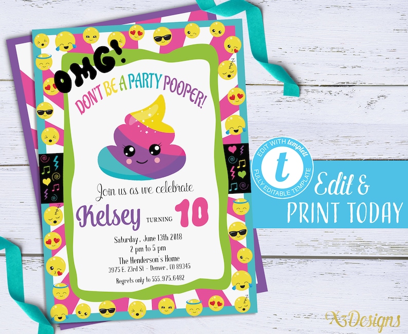 Emoji Birthday Invitation Instant Download, Emoji Invitation, Girl