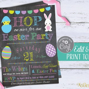Easter Party Invitation Instant Download, Easter Invitation, Easter Egg Hunt Digital Download, Chalkboard Easter Bunny Invite Printable