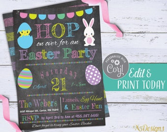 Easter Party Invitation Instant Download, Easter Invitation, Easter Egg Hunt Digital Download, Chalkboard Easter Bunny Invite Printable