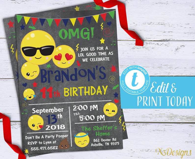 May include: A chalkboard style birthday invitation with a yellow emoji wearing sunglasses and a red heart emoji. The invitation is for Brandon's 11th birthday party on September 13th, 2018 from 2:00 PM to 5:00 PM at The Sheffer's Home. The address is 862 Dexter Rd, Ashville, TN 93175. RSVP to Lynn at 555.971.6582.