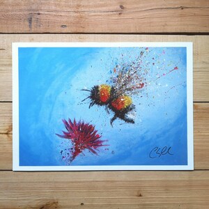 May include: A colorful painting of a bumblebee in flight with a red flower in the foreground. The background is a light blue sky with splashes of paint.