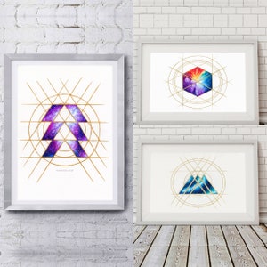 May include: Three framed prints with geometric designs and galaxy-themed imagery. The prints feature a purple and blue galaxy design with gold geometric lines. The text "EVERVERSE VAULT" is visible on the leftmost print.