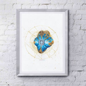May include: A framed art print featuring a blue and gold abstract design with geometric elements. The artwork has a central blue shape with gold accents and a silver frame. The artist's name, EMONEGANART, is visible.