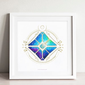 May include: A watercolor painting of a geometric symbol with a galaxy inside. The symbol is a square with rounded corners and is surrounded by a circle with a smaller circle inside. The galaxy is a mix of blue, purple, and green colors with white stars. The painting is signed "EMLYMEGANART" in the bottom right corner.