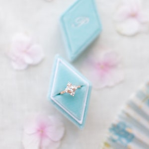 Blue velvet ring box with monogram, triangular personalized wedding ring box