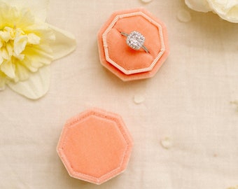 Peach velvet ring box with monogram, Double wedding ring box