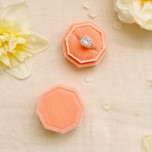 Peach velvet ring box with monogram, Double wedding ring box
