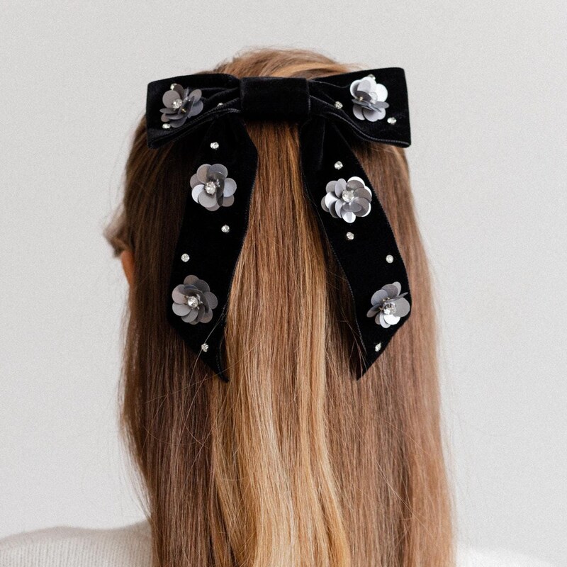 Hand embroidered Black velvet Hair Bow main image 1