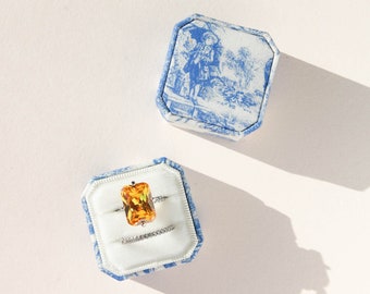 Toile Ring Box, Personalised Wedding Engagement Ring Box, Linen Ring Box, Something Blue For Bride
