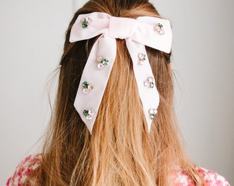 Fiocco per capelli in velluto rosa, barretta con fiocco per capelli con perline, graziosi accessori per capelli fatti a mano, regalo unico per lei