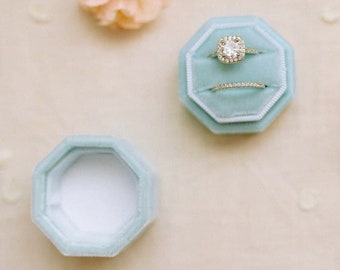 Velvet ring box, Wedding ring box, Double ring box blue