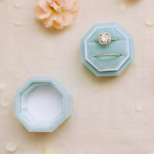 Velvet ring box, Wedding ring box, Double ring box blue
