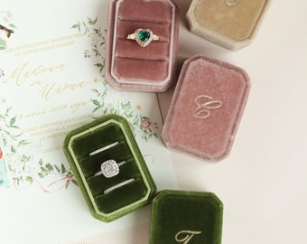 Wedding ring box for ceremony, Velvet ring box 3 slot, Triple ring box, Engagement gift for her, Ring bearer box