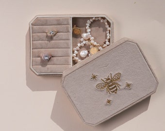 Velvet Jewelry Box With Feet, Beige Ring Storage Box, Handmade Travel Jewelry Box, Gift For Wife, Mom, Girlfriend, Unique Jewelry Holder